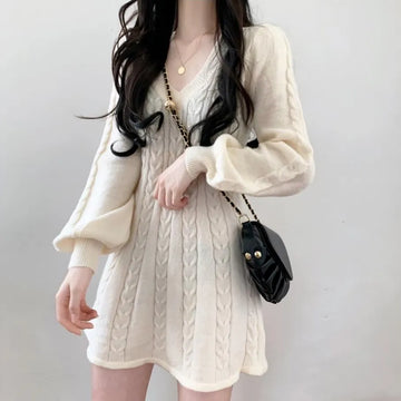 Knit Knitted Sweater Mini Dress Women Casual Lantern Sleeve Short Dresses 2023 Autumn Winter V-neck Outfits Female